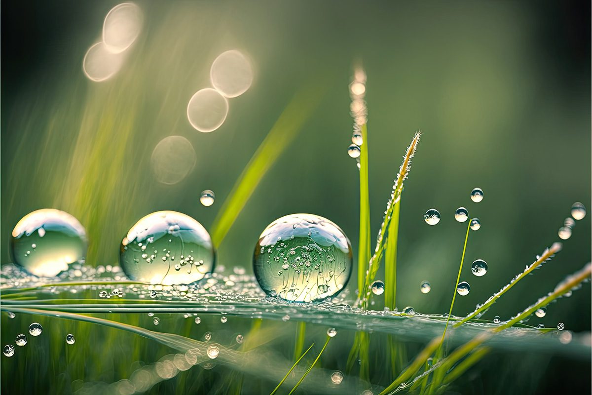 Wasser- und Tautropfen auf einem Grashalm im Garten